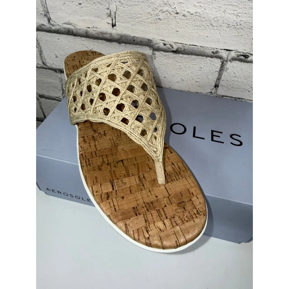 Women's Aerosoles Ivie Natural Raffia Boho Beige Cork Wedge Sandals Size 12 NWT
